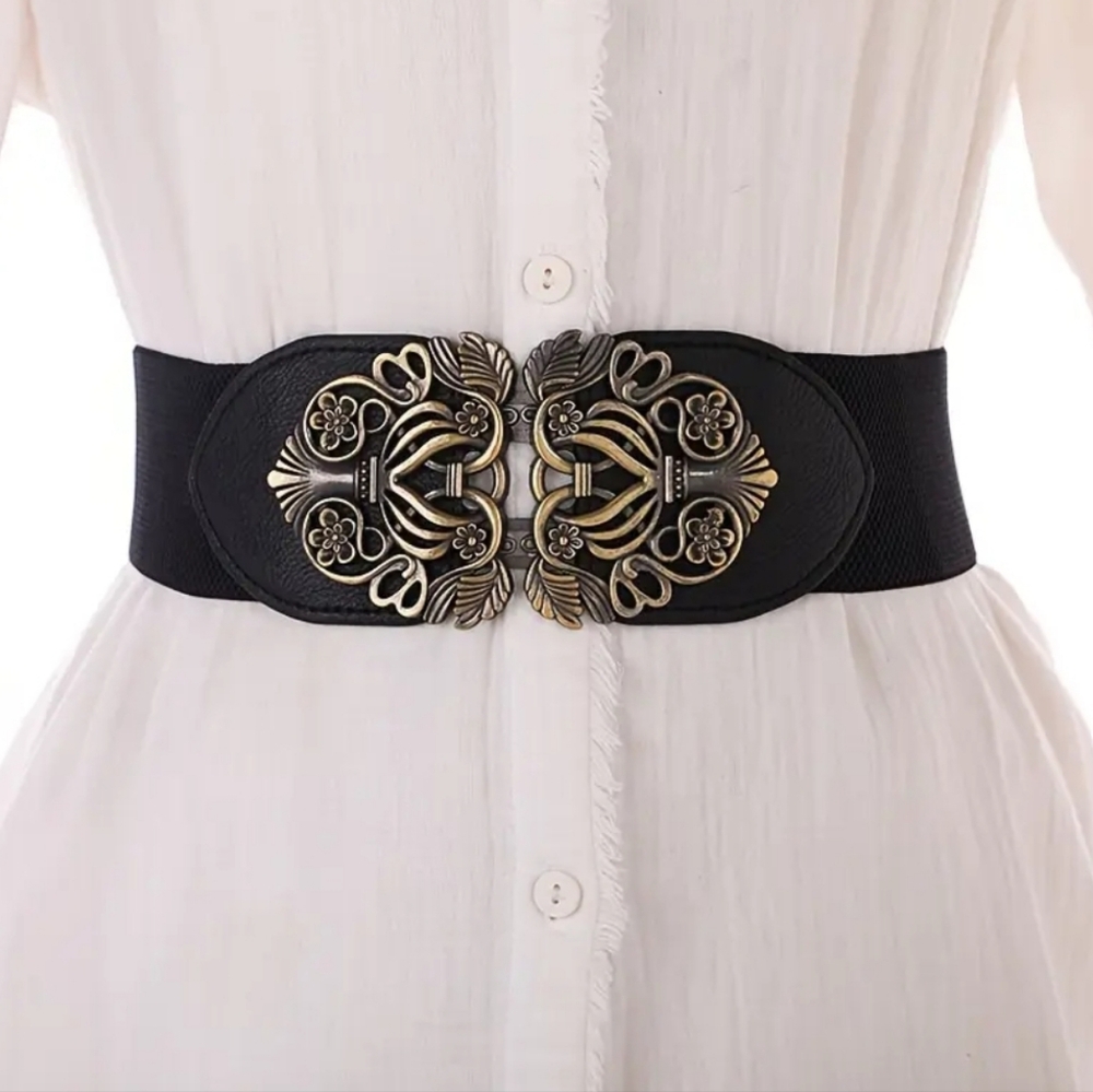 Black Elastic Belt with Ornate Gold-Tone Buckle
